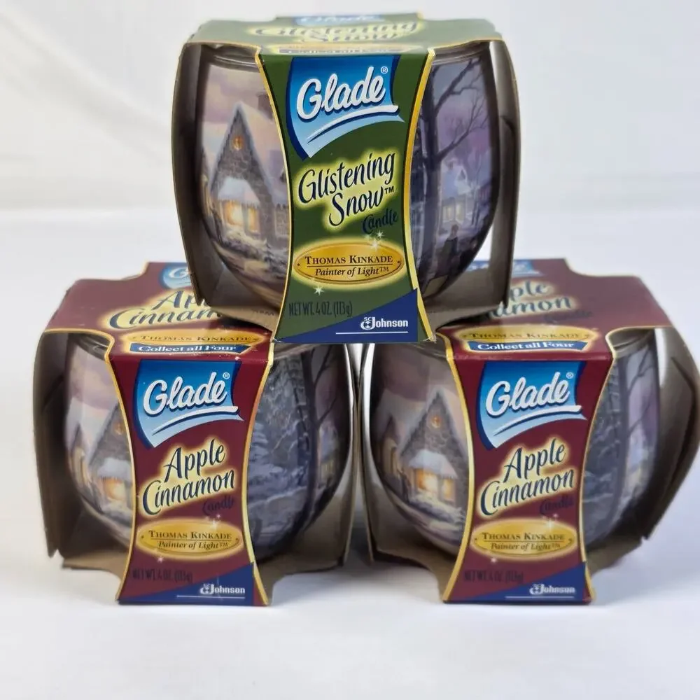 Vintage 2004 Glade Thomas Kinkade Candle Lot of 3 Apple Cinnamon Glistening Snow